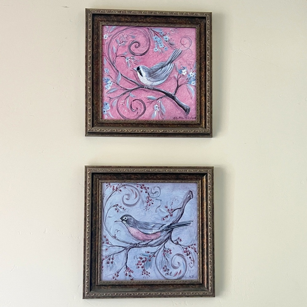 Two Kate Miller-McRostie Framed Prints of Birds Wall Art Floral Robin Nuthatch